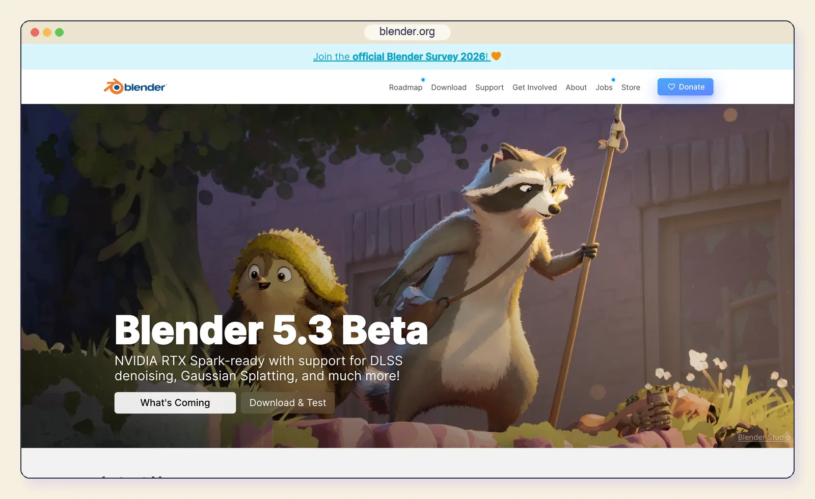 The Blender website at blender.org, showing the Blender 5.3 beta announcement.