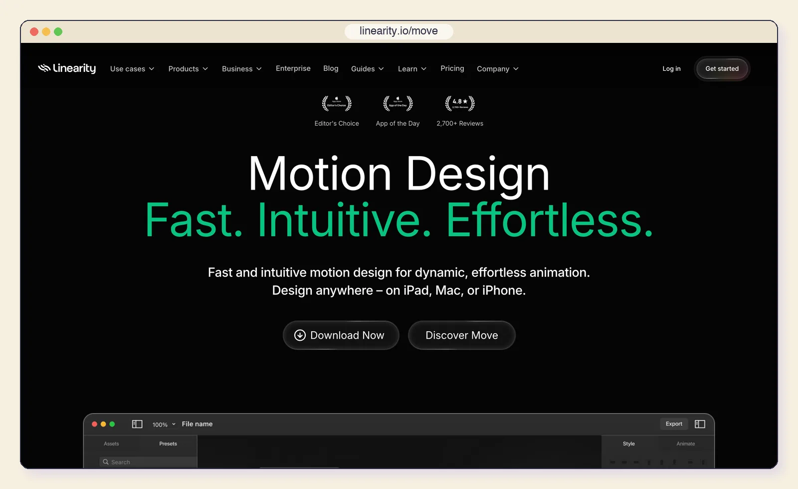 The Linearity Move website at linearity.io/move, showing the "Motion Design. Fast. Intuitive. Effortless." headline.