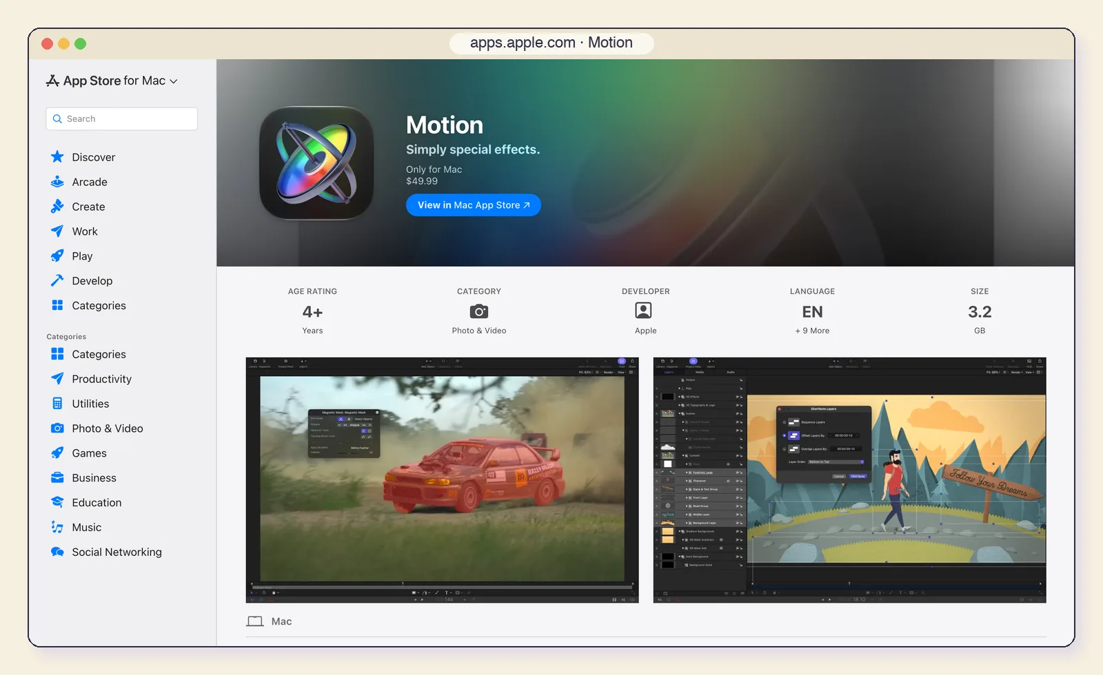 Apple Motion's Mac App Store listing at $49.99, with screenshots of the editor tracking a car and animating a character.