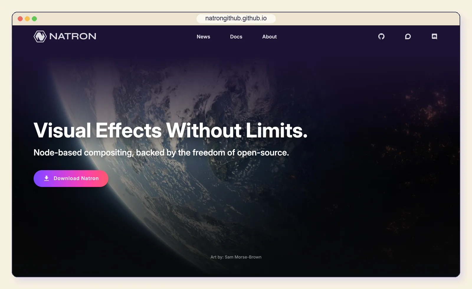 The Natron website at natrongithub.github.io, showing the "Visual Effects Without Limits" headline.