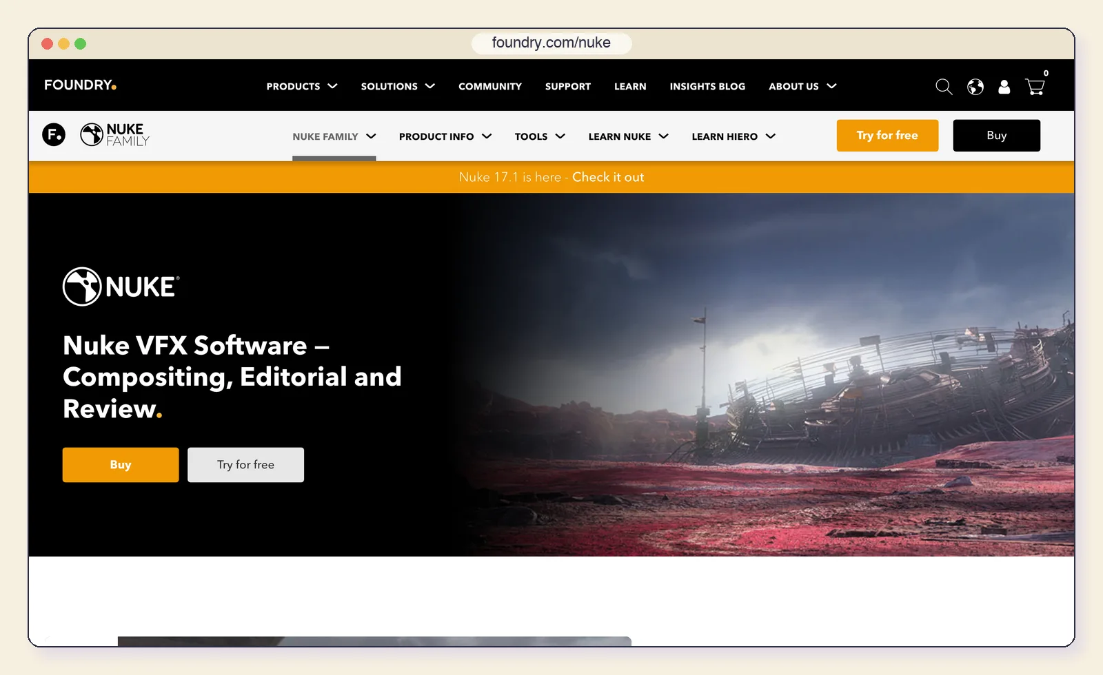 The Nuke website at foundry.com/nuke, showing the Nuke 17.1 product page.