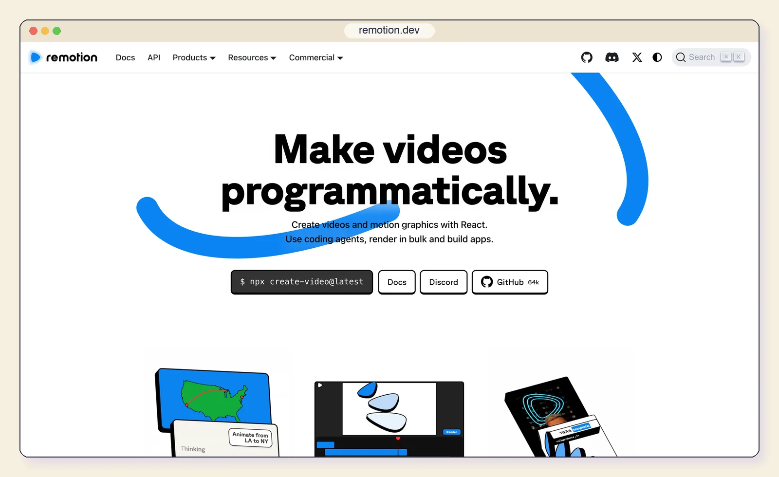 The Remotion website at remotion.dev, showing the "Make videos programmatically" headline.