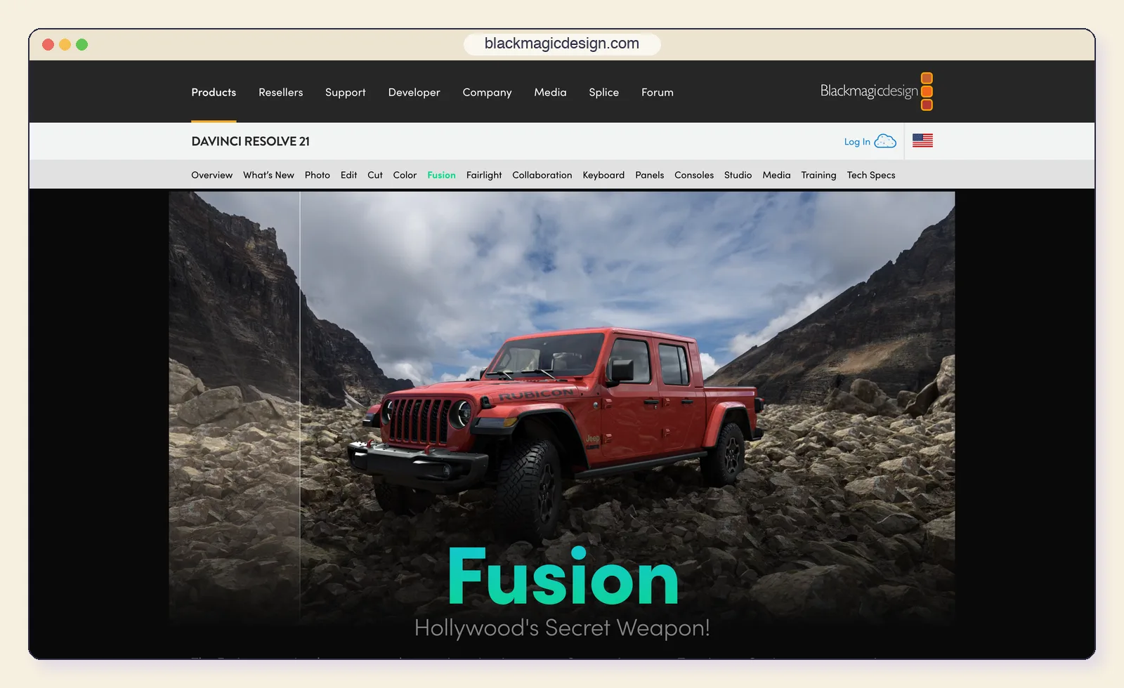 The DaVinci Resolve website at blackmagicdesign.com, showing the Fusion page of DaVinci Resolve 21.