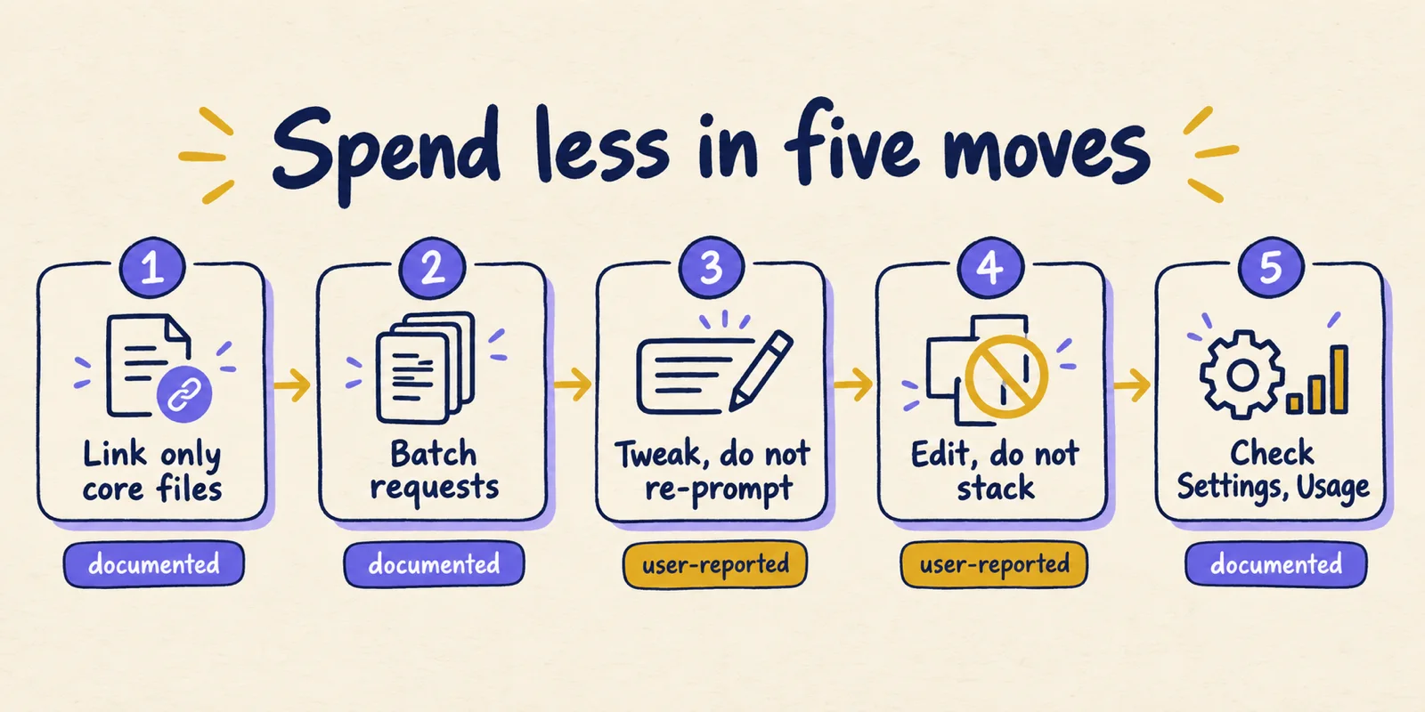 Five numbered sketch boxes listing ways to spend less in Claude Design, each tagged documented or user-reported.