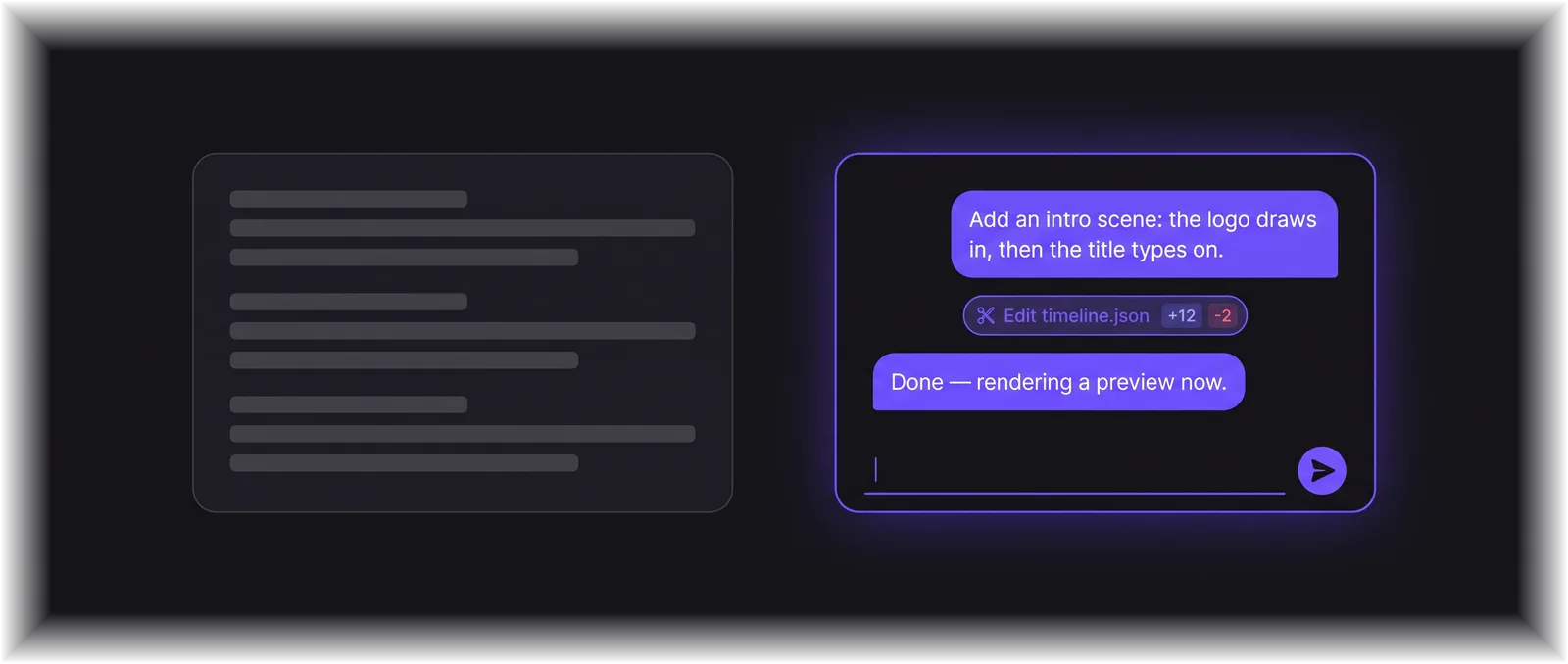 CoAnimator agent chat: a request to add an intro scene where the logo draws in and the title types on, the agent editing timeline.json, and the reply that a preview is rendering.