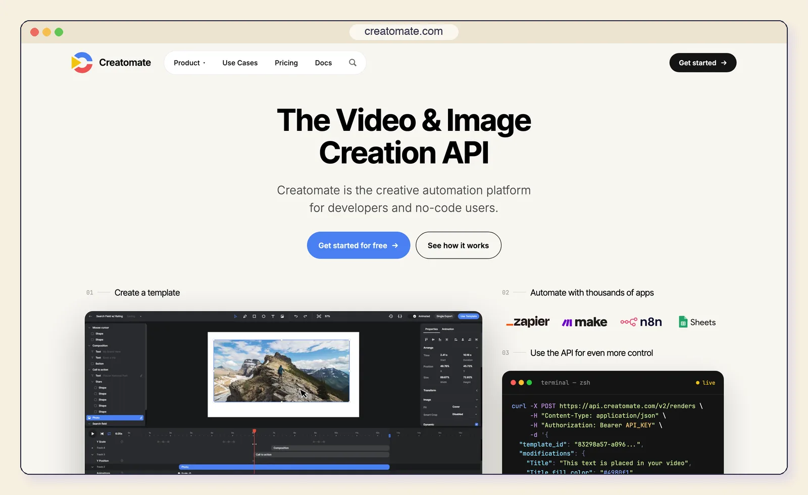The Creatomate website at creatomate.com, showing the template editor and a JSON API call.