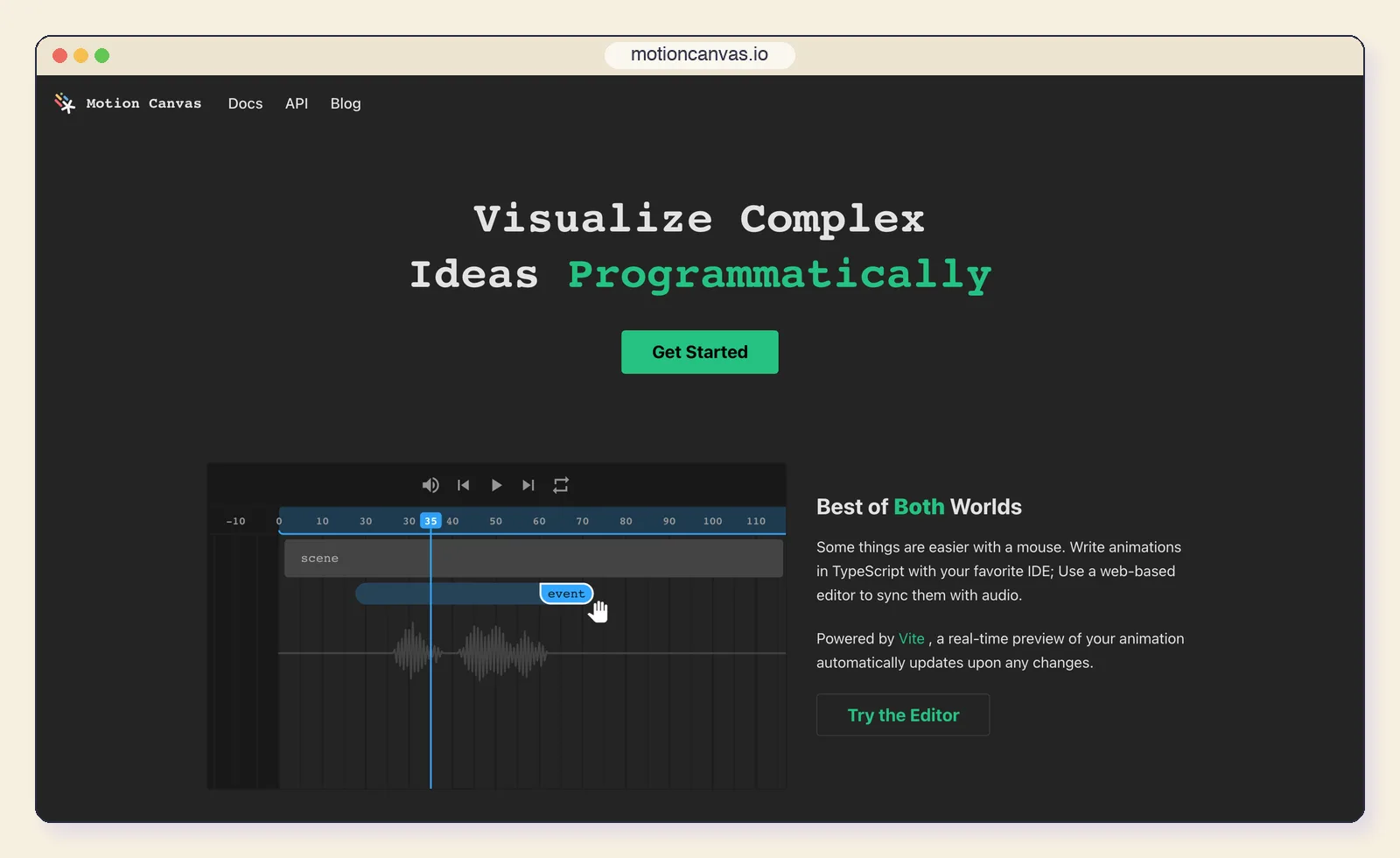 The Motion Canvas website at motioncanvas.io, showing the "Visualize Complex Ideas Programmatically" headline and the audio-synced editor.
